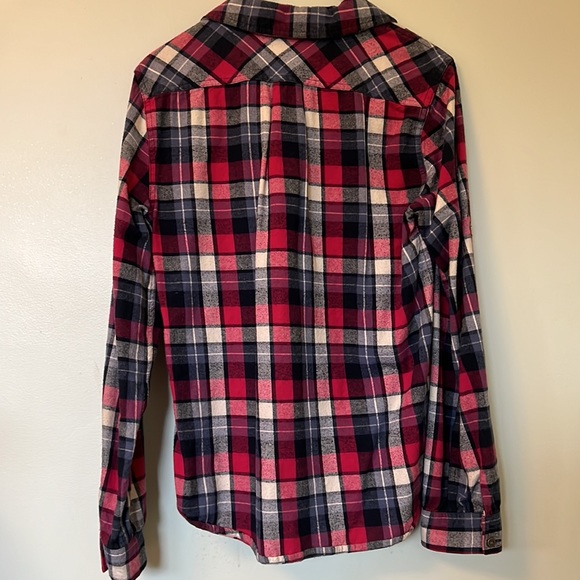 Plaid pink blue and white button up flannel - Picture 2 of 3